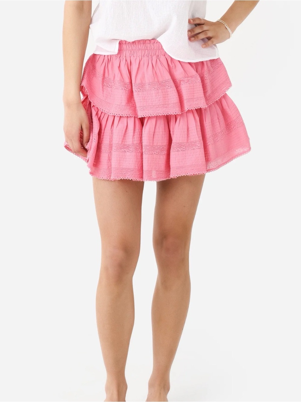 LoveShackFancy Pink Tiered Ruffle Mini Skirt